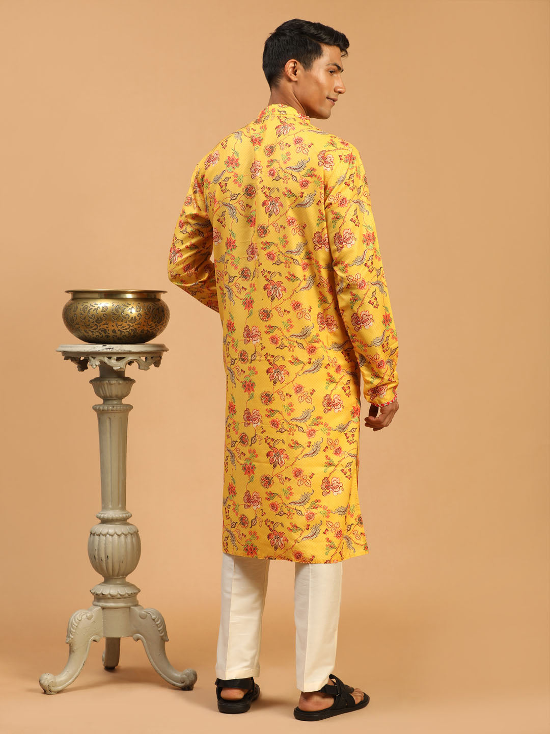Men's Floral Printed Multicolor-Base-Yellow Muslin Blend Kurta With Cream Viscose Pant Set