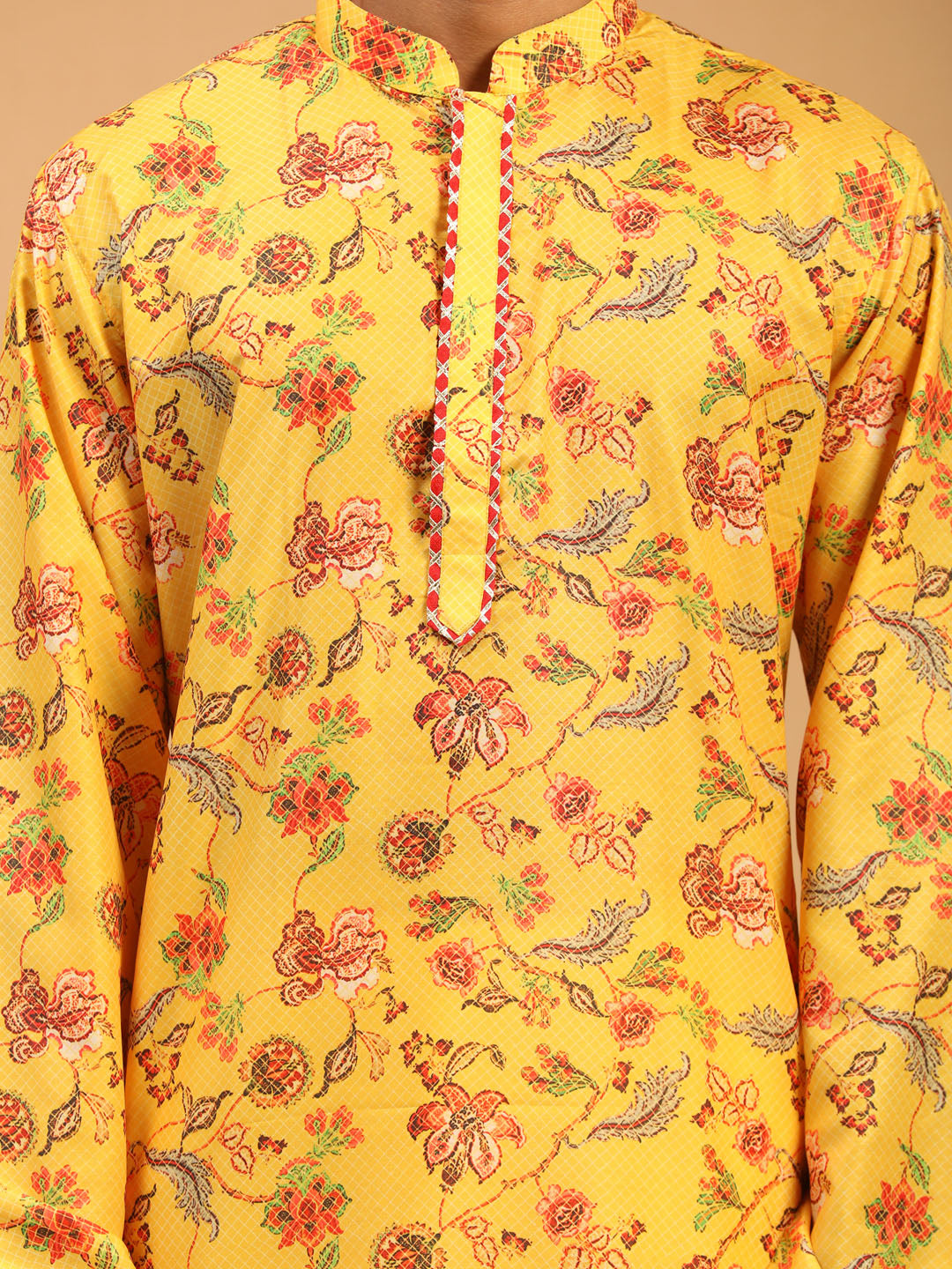 Men's Floral Printed Multicolor-Base-Yellow Muslin Blend Kurta With Cream Viscose Pant Set
