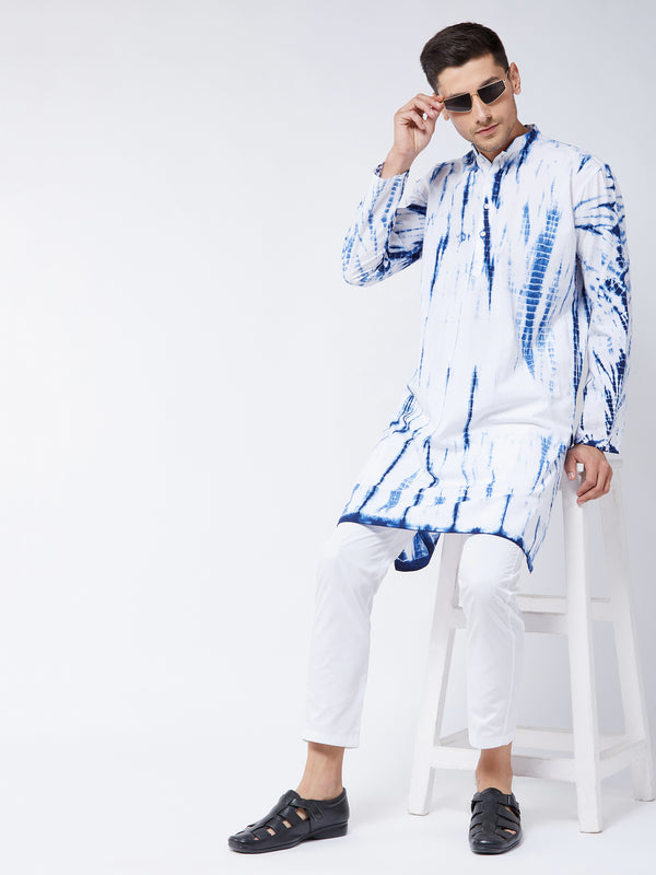 Men's Blue And White Cotton Tie Dye Kurta And Solid Pant Style Cotton Pyjama Set