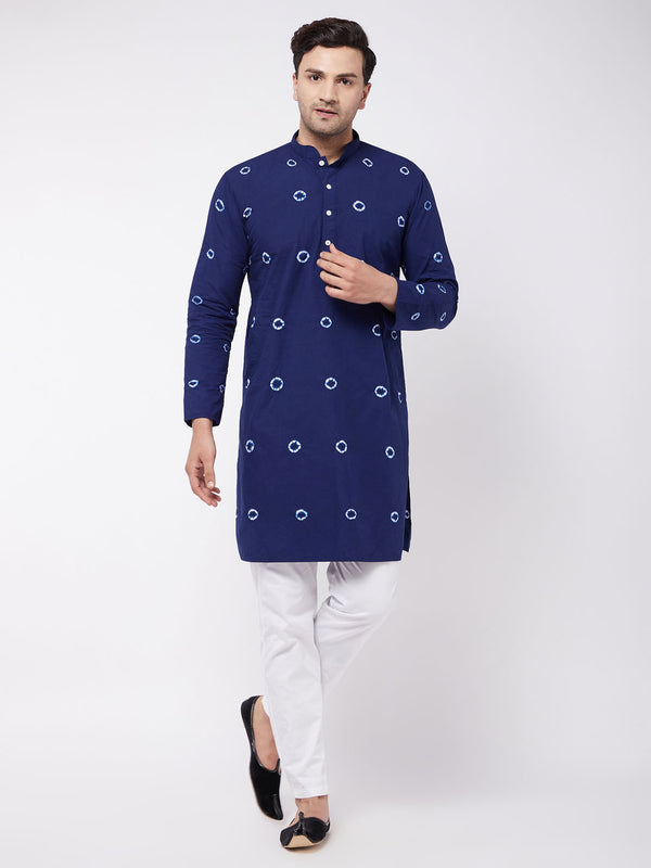 Men's Blue And White Cotton Kurta And Pant Style Cotton Pyjama Set