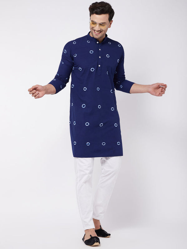 Men's Blue And White Cotton Kurta And Pant Style Cotton Pyjama Set