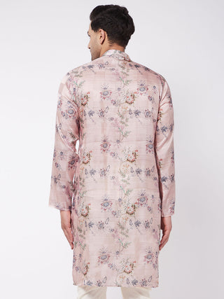 VASTRAMAY Men's Pink Floral Printed Silk Blend Kurta