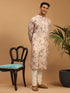 Men's Pink Floral Printed Silk Blend Kurta With Cream Solid Viscose Pant Set