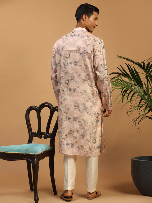 Men's Pink Floral Printed Silk Blend Kurta With Cream Solid Viscose Pant Set