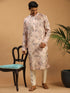 Men's Pink Floral Printed Silk Blend Kurta With Cream Solid Viscose Pant Set
