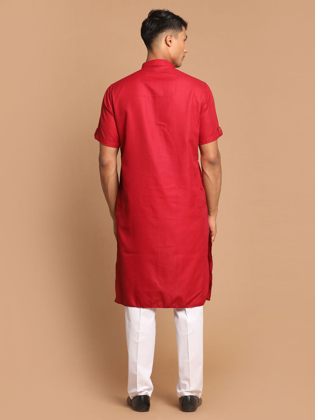 Men's Maroon Solid Kurta With White Pyjama Set