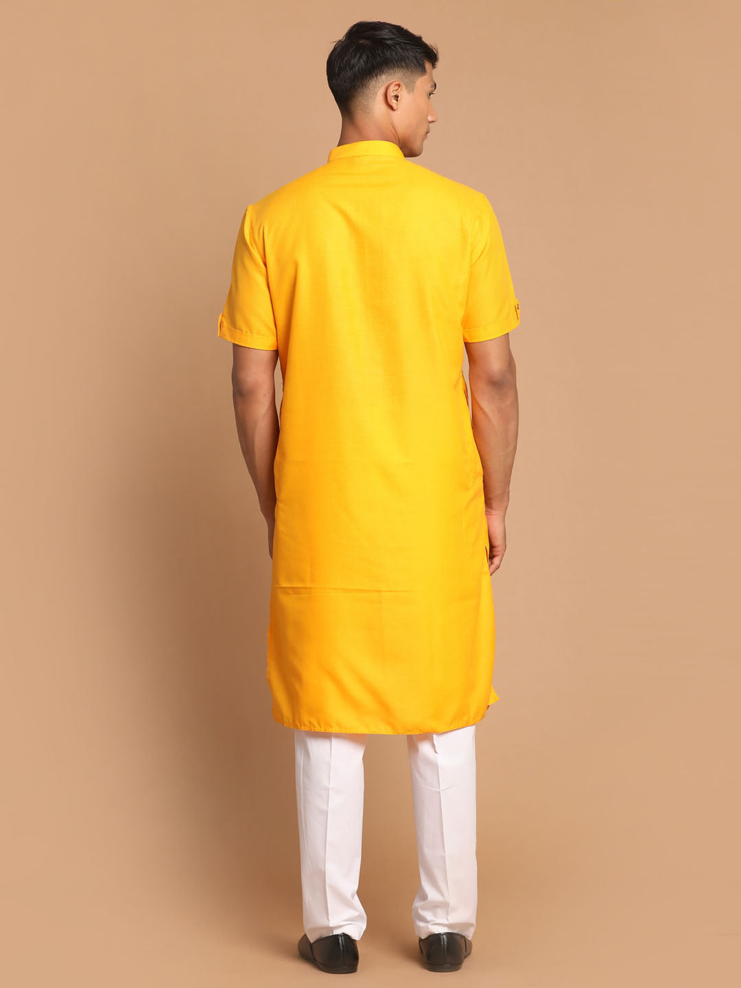 Men's Mustard Solid Kurta With White Pant Style Cotton Pyjama Set
