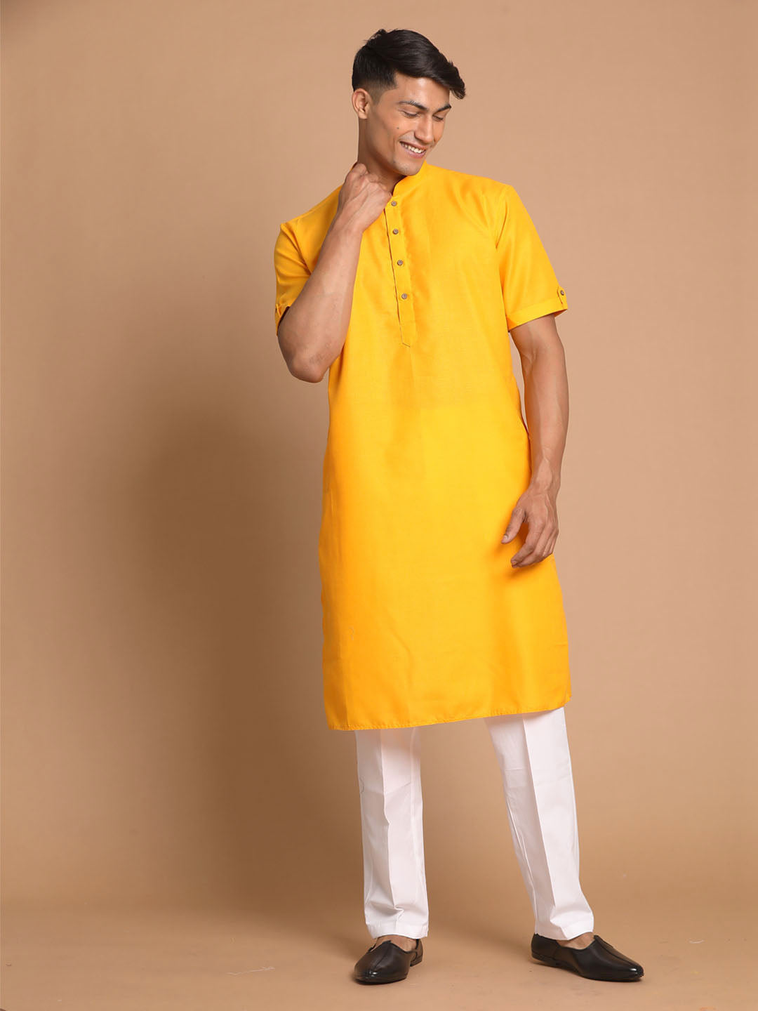 Men's Mustard Solid Kurta With White Pant Style Cotton Pyjama Set