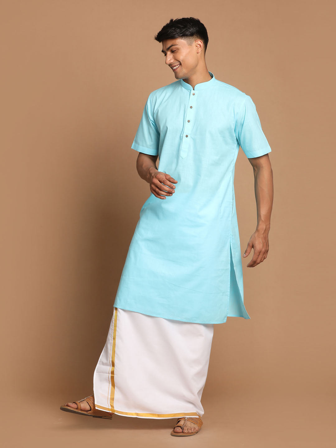 Men's Aqua Blue Cotton Kurta And Mundu Set