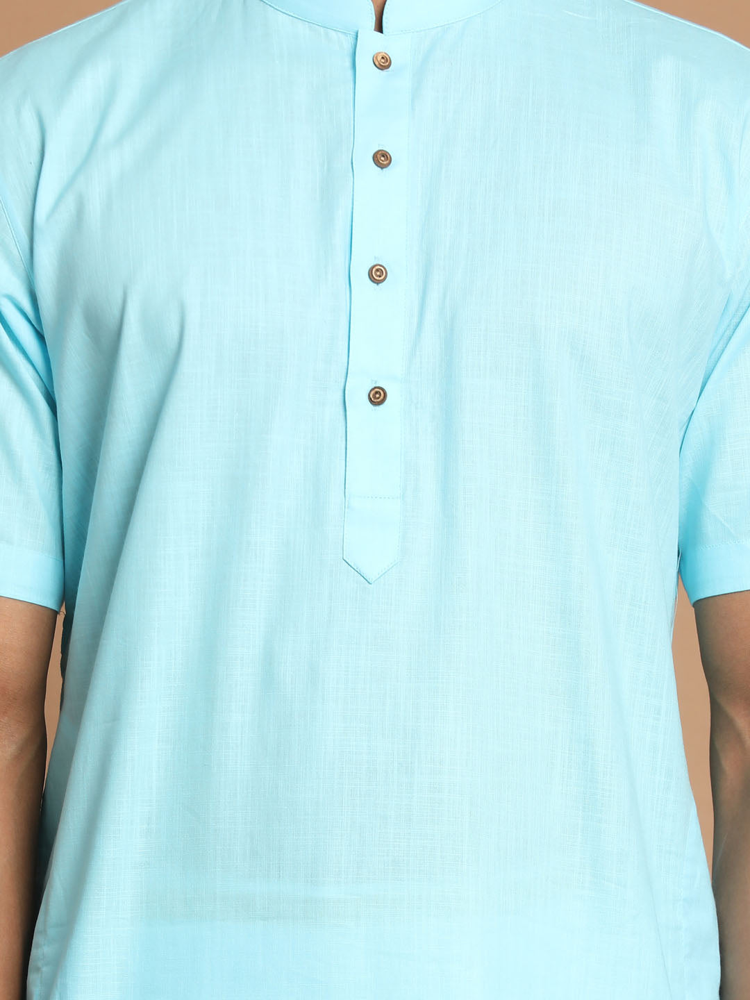 Men's Aqua Blue Cotton Kurta And Mundu Set