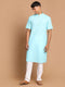 Men's Aqua Blue Solid Kurta With White Pant Style Cotton Pyjama Set