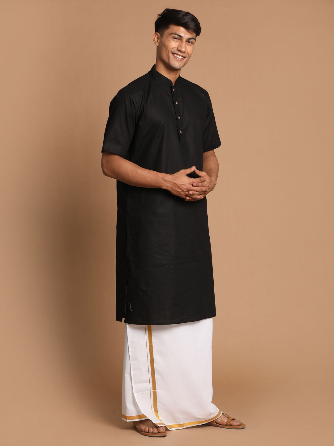 Men's Black Cotton Kurta And Mundu Set