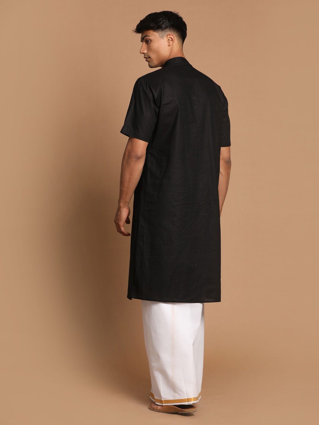Men's Black Cotton Kurta And Mundu Set