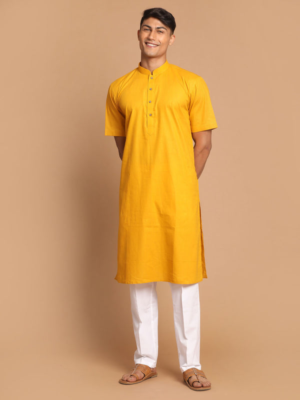Men's Mustard Solid Kurta With White Pant Style Cotton Pyjama Set
