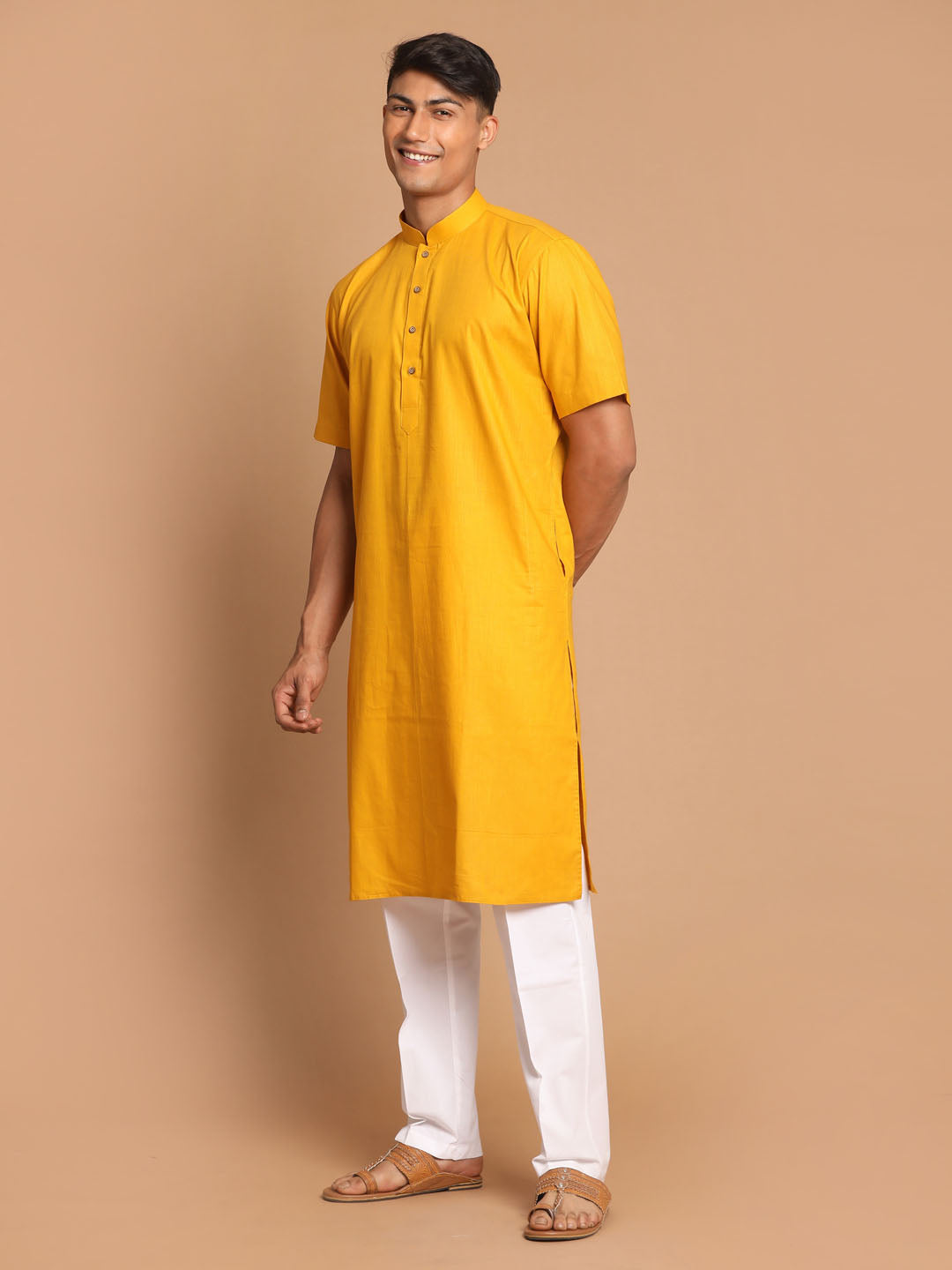 Men's Mustard Solid Kurta With White Pant Style Cotton Pyjama Set