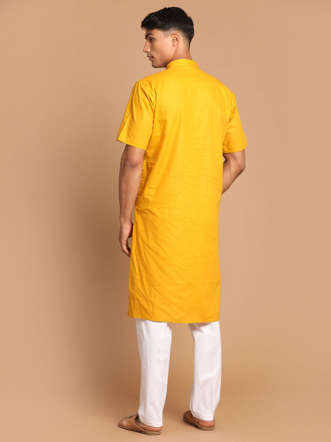 Men's Mustard Solid Kurta With White Pant Style Cotton Pyjama Set