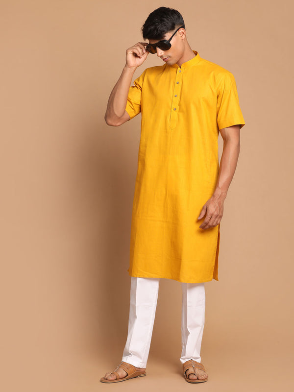 Men's Mustard Solid Kurta With White Pant Style Cotton Pyjama Set