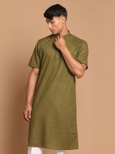Men's Olive Green Solid Kurta
