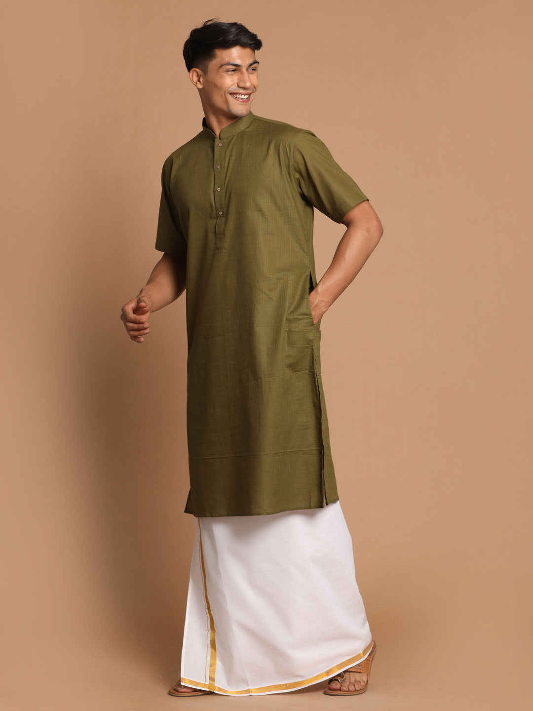 Men's Olive Green Cotton Kurta And Mundu Set