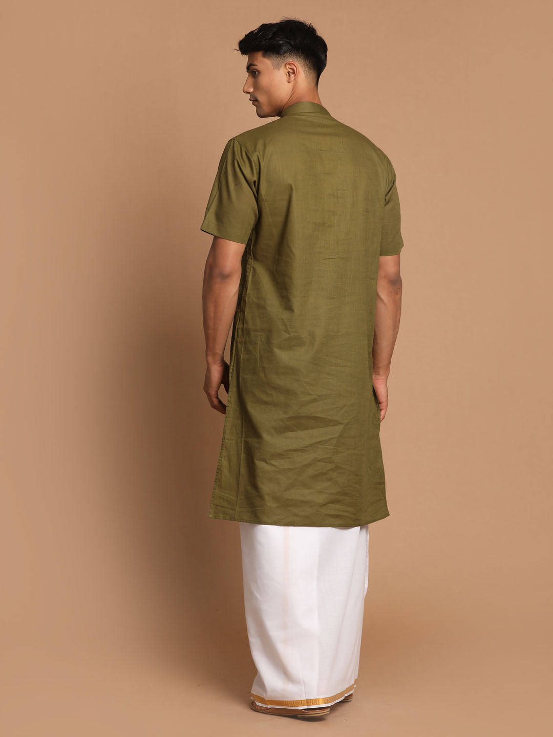 Men's Olive Green Cotton Kurta And Mundu Set