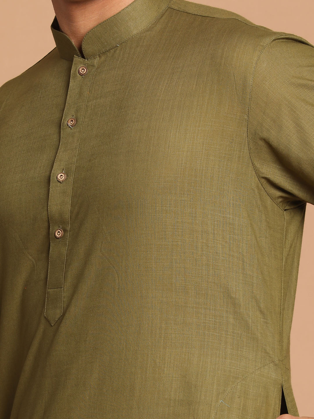 Men's Olive Green Cotton Kurta And Mundu Set