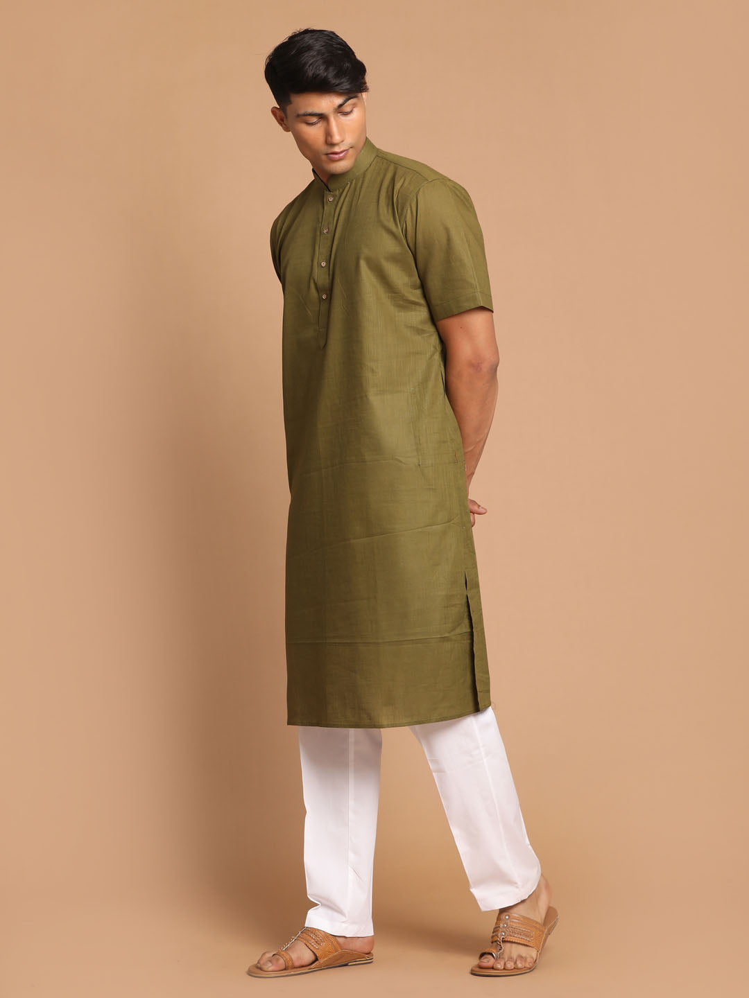 Men's Mint Green Solid Kurta With White Pant Style Cotton Pyjama Set
