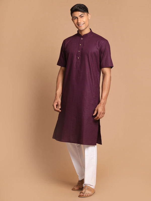 Men's Purple Solid Kurta With White Pant Style Cotton Pyjama Set