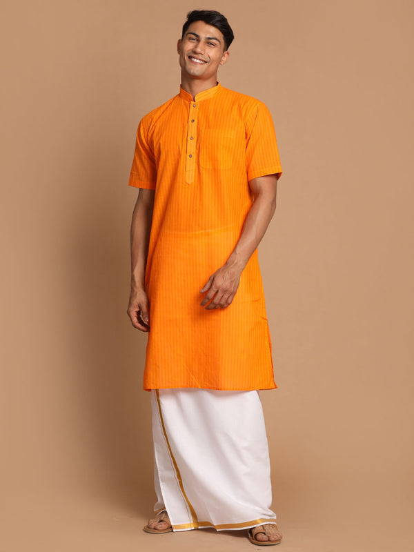 Men's Orange Striped Cotton Kurta And Mundu Set