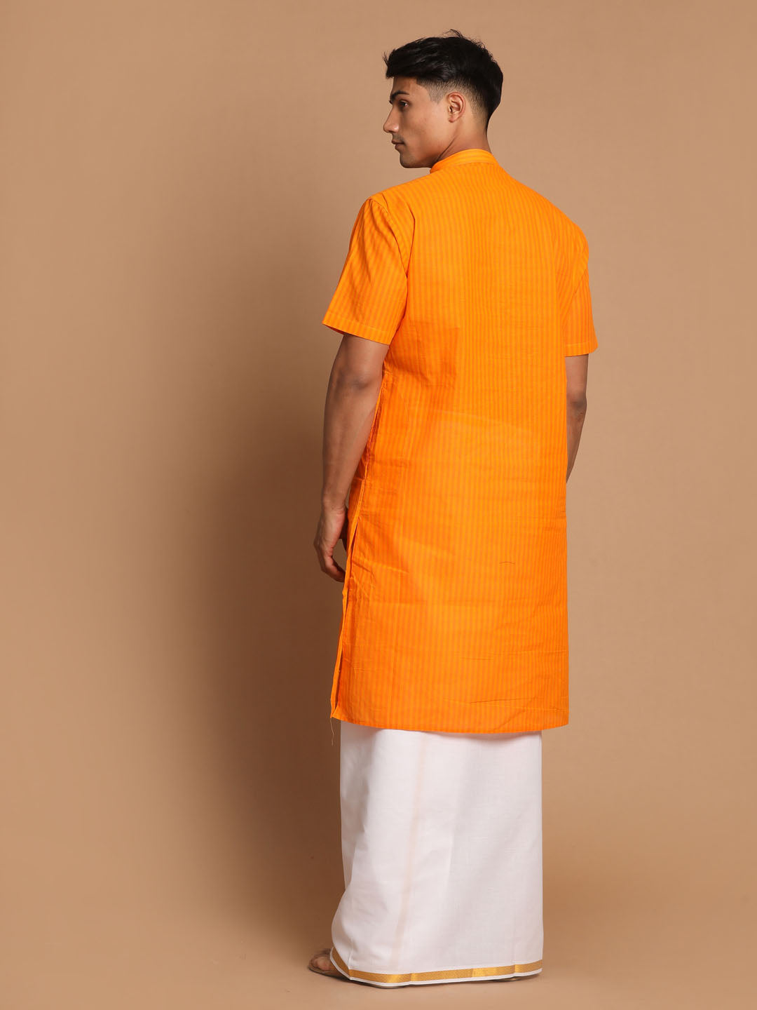 Men's Orange Striped Cotton Kurta And Mundu Set