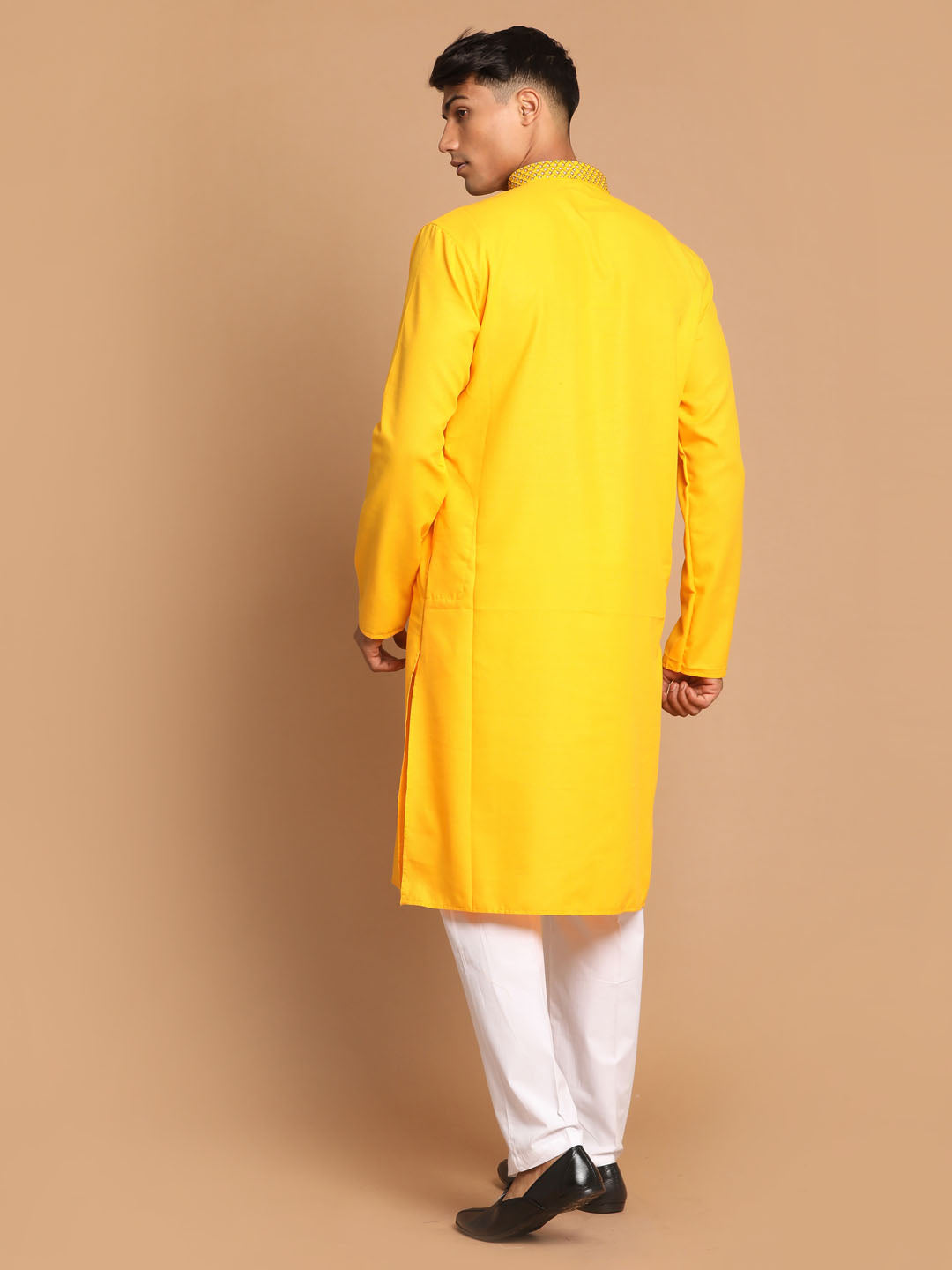 Men's Yellow And White Solid Kurta With Pant Set