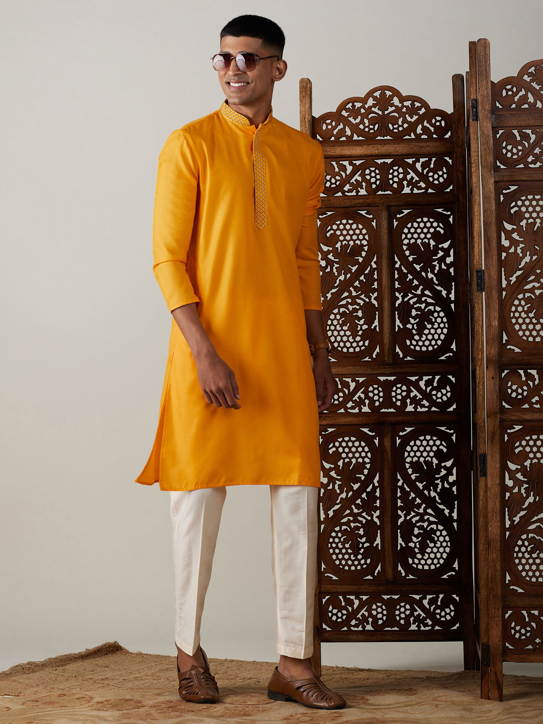 Men's Yellow And Cream Solid Kurta With Pant Style Cotton Pyjama Set