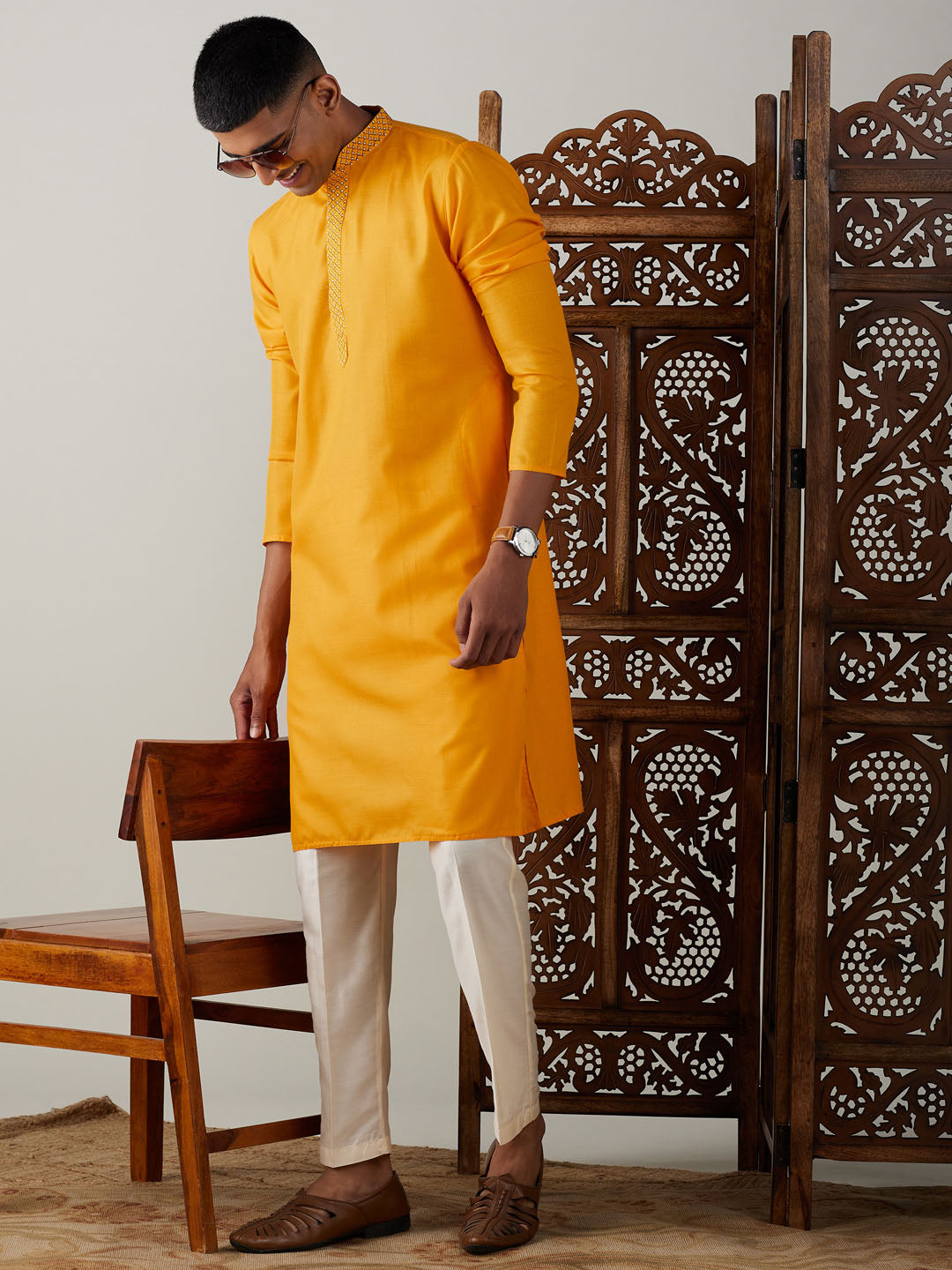 Men's Yellow And Cream Solid Kurta With Pant Style Cotton Pyjama Set