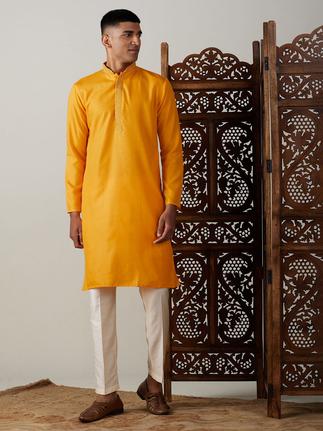 Men's Yellow And Cream Solid Kurta With Pant Style Cotton Pyjama Set