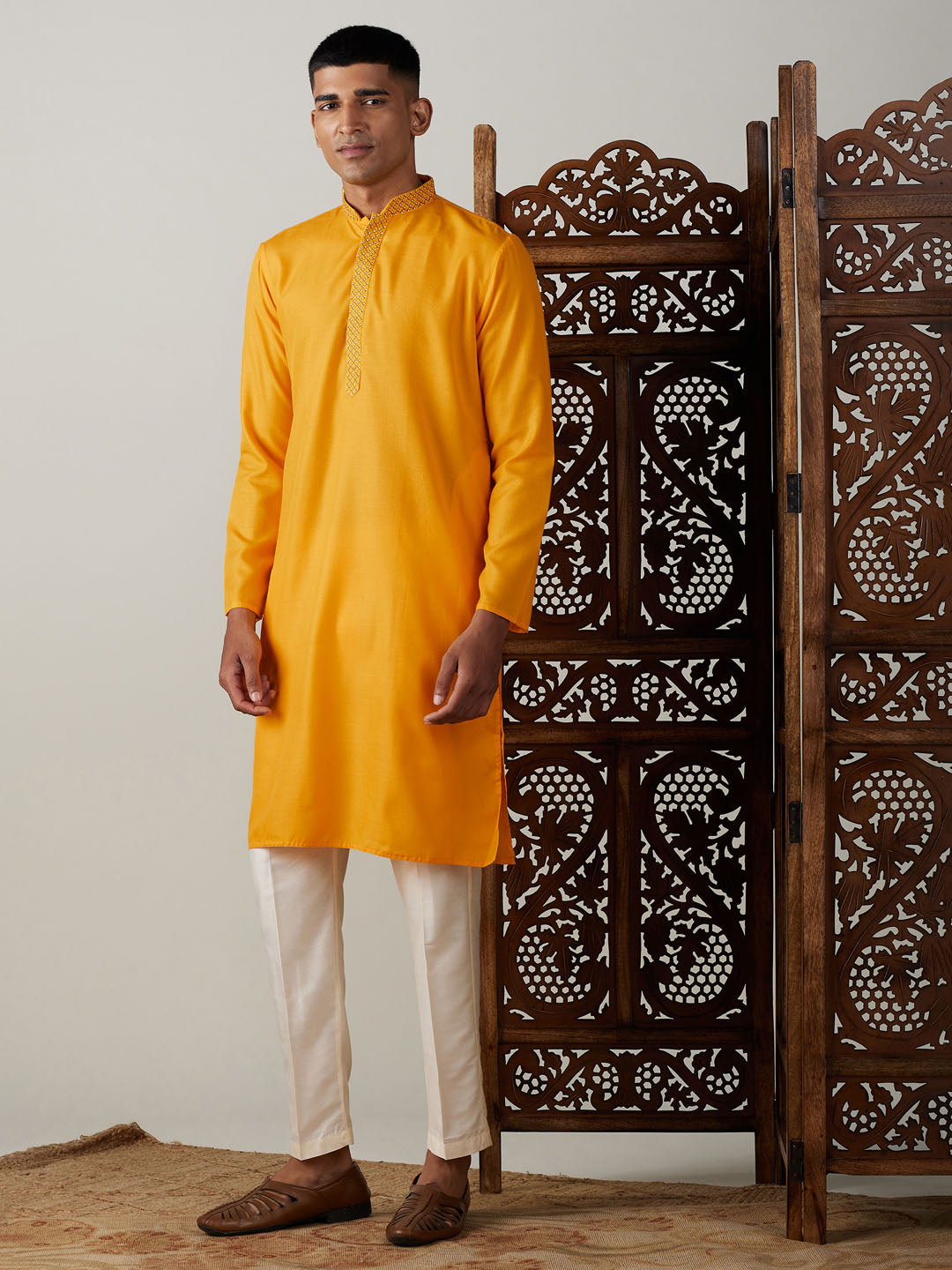 Men's Yellow And Cream Solid Kurta With Pant Style Cotton Pyjama Set