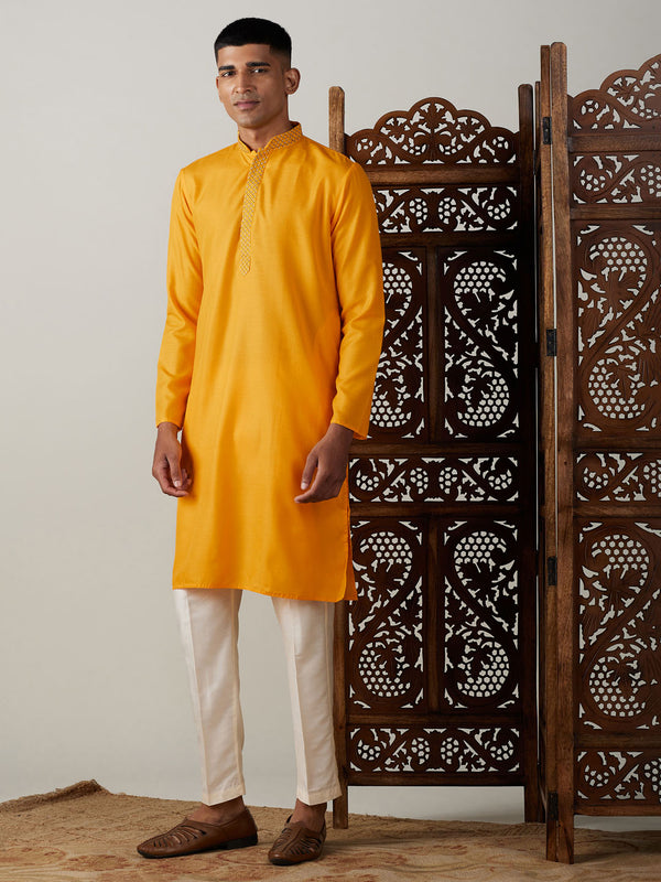 Men's Yellow And Cream Solid Kurta With Pant Style Cotton Pyjama Set