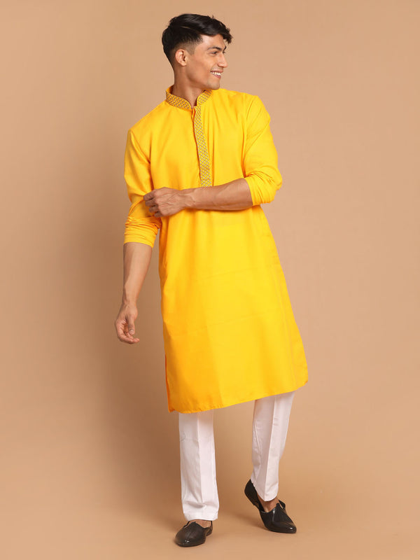 Men's Yellow And White Solid Kurta With Pant Style Cotton Pyjama Set