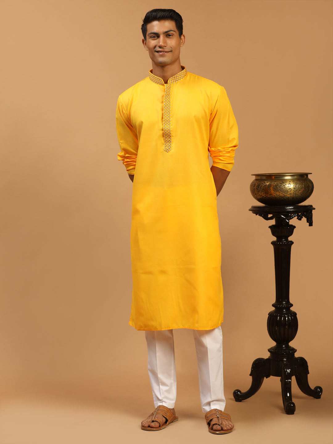 Men's Yellow And White Solid Kurta With Pant Set