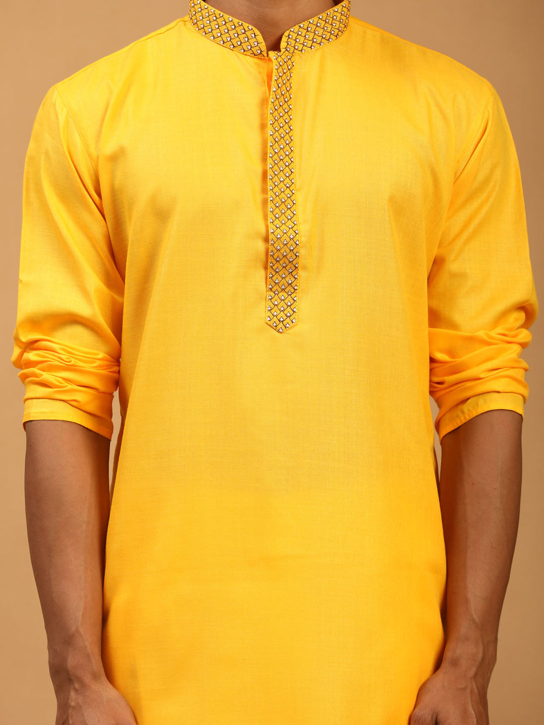 Men's Yellow And White Solid Kurta With Pant Set