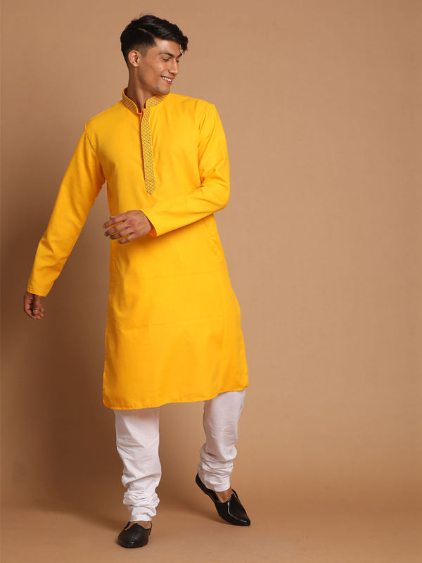 Men's Yellow And White Solid Kurta With Churidar Set