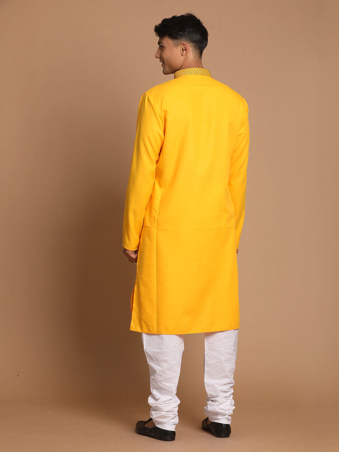 Men's Yellow And White Solid Kurta With Churidar Set