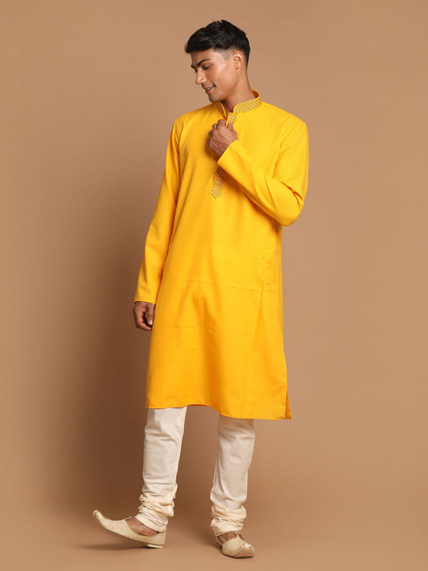 Men's Yellow And Cream Solid Kurta With Pyjama Set