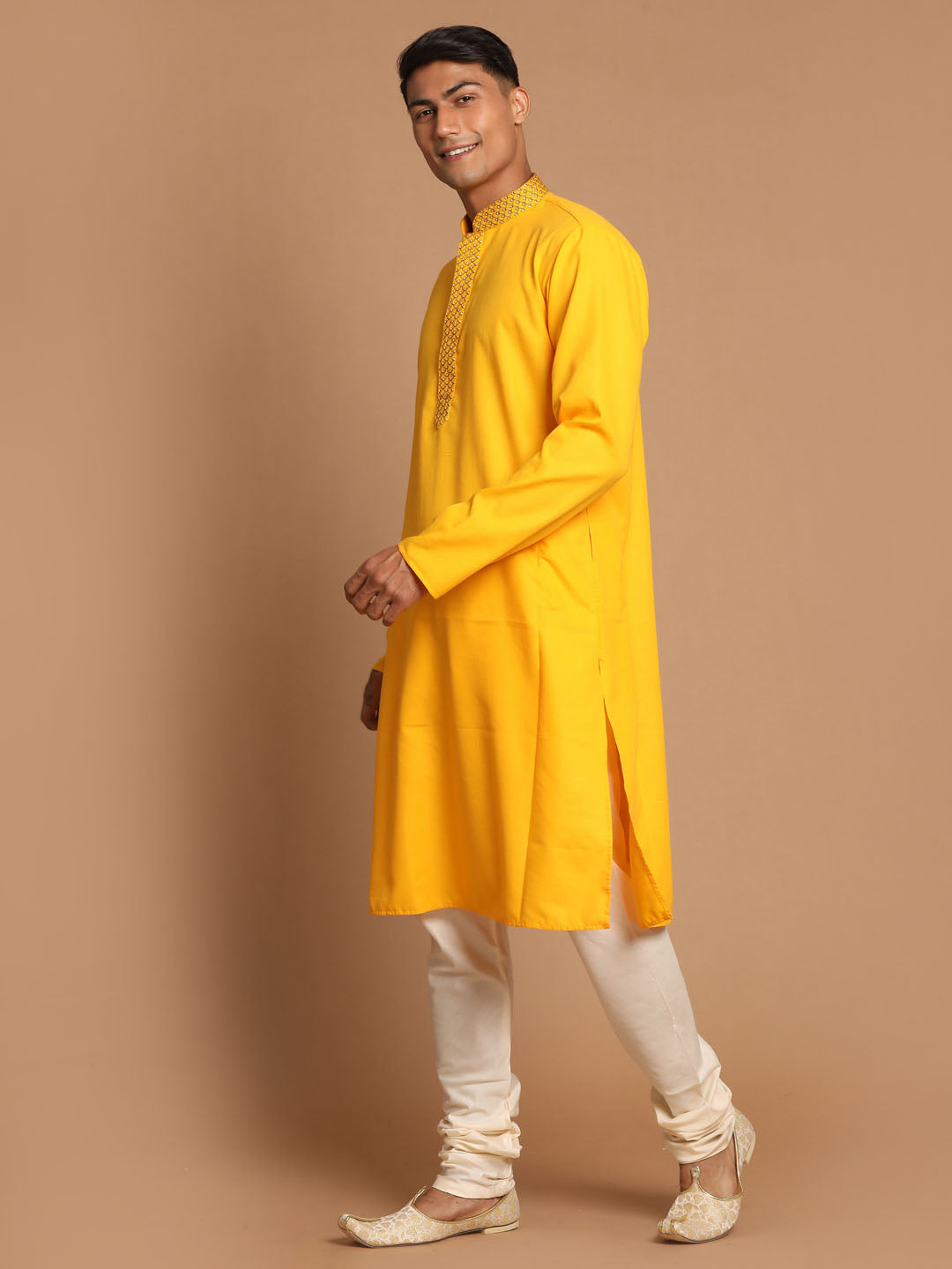 Men's Yellow And Cream Solid Kurta With Pyjama Set