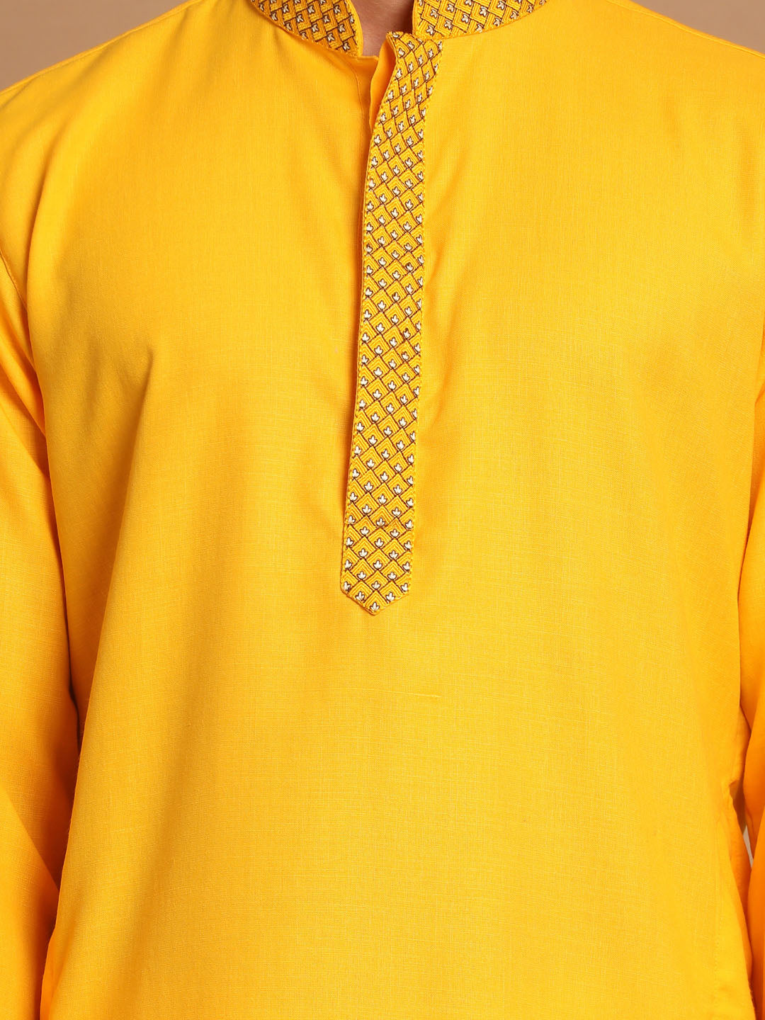 Men's Yellow And Cream Solid Kurta With Pyjama Set