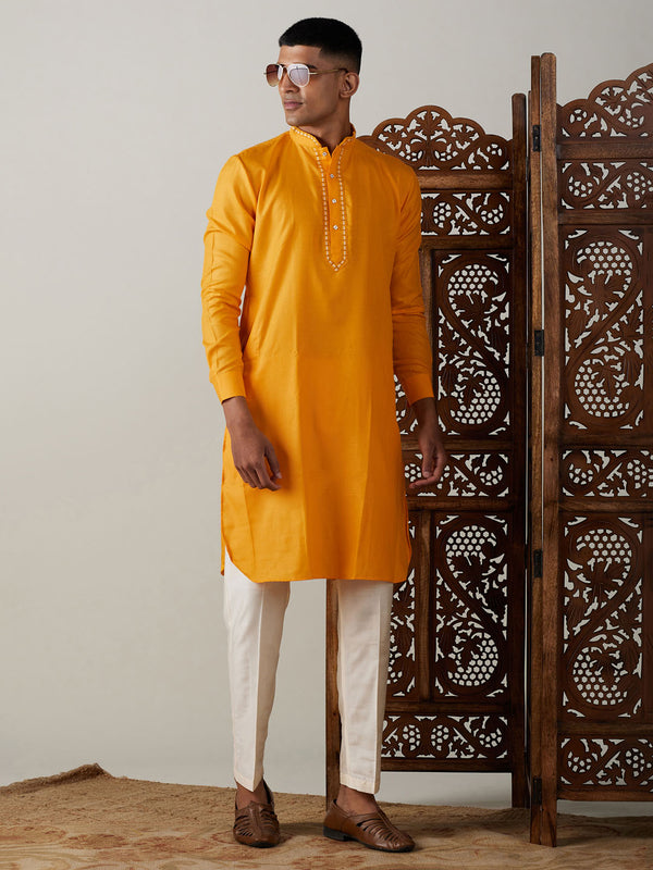 Men's Yellow And Cream Solid Kurta With Viscose Pant Style Viscose Pyjama Set