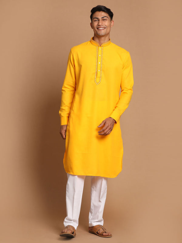 Men's Yellow And White Solid Kurta With Pant Style Cotton Pyjama Set