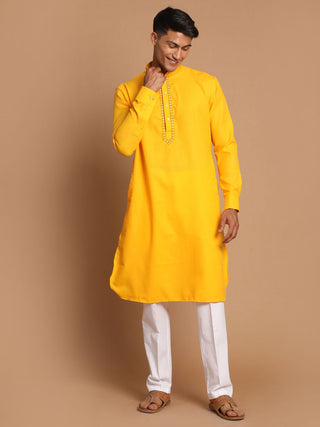 VASTRAMAY Men's Yellow And White Solid Kurta With Pant Style Cotton Pyjama Set