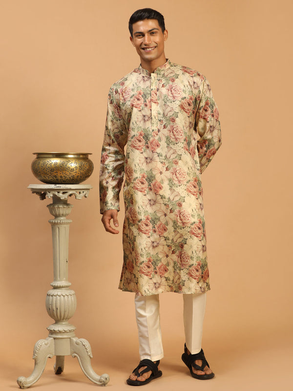 Men's Beige Floral Printed Kurta With Cream Solid Pant Style Viscose Pyjama Set