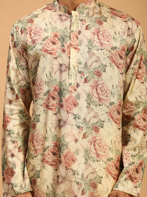 Men's Beige Floral Printed Kurta With Cream Solid Pant Style Viscose Pyjama Set