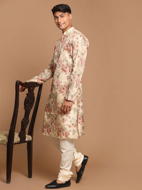 Men's Beige Floral Printed Kurta With Cream Solid Pyjama Set