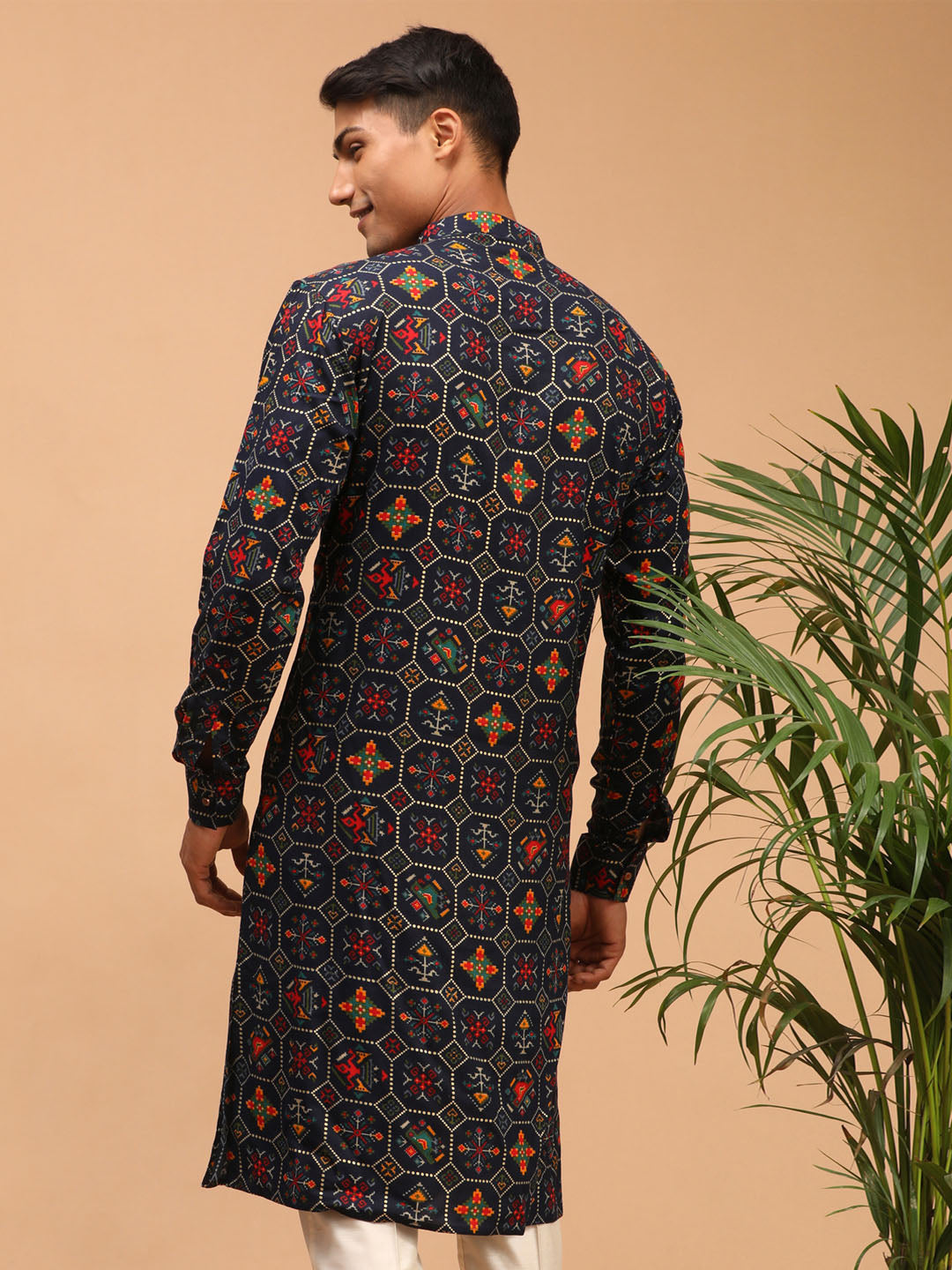 Men's Blue Printed Rayon Kurta